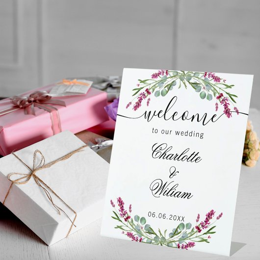 Bruiloft lavendel roze eucalyptus groen welkom reclamebord met voetstuk