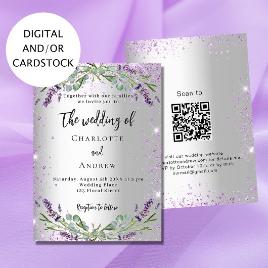 Bruiloft lavendel zilver eucalyptus QR-code RSVP Kaart