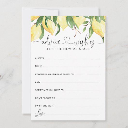 Bruiloft Lemon Bruidsshower Advies en Wensen Kaart (Voorkant)