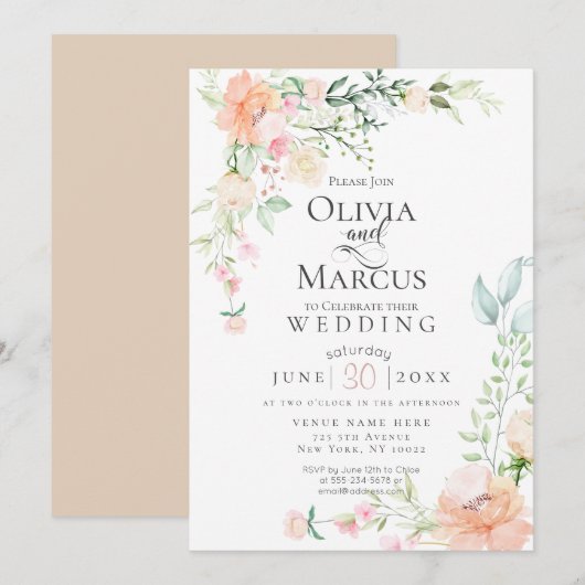 BRUILOFT | Lentepastel Waterverf Flowers Kaart (Voorkant / Achterkant)