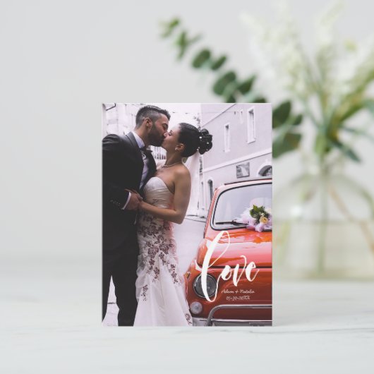 Bruiloft Liefde Script Aangepaste fotonamen Aankondigingskaart (Staand voorkant)