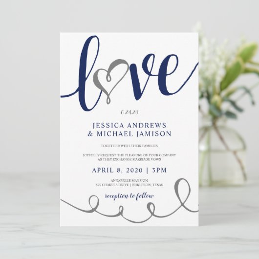 Bruiloft Liefde Script Navy Blauw & Grijs Hart Kaart (Staand voorkant)