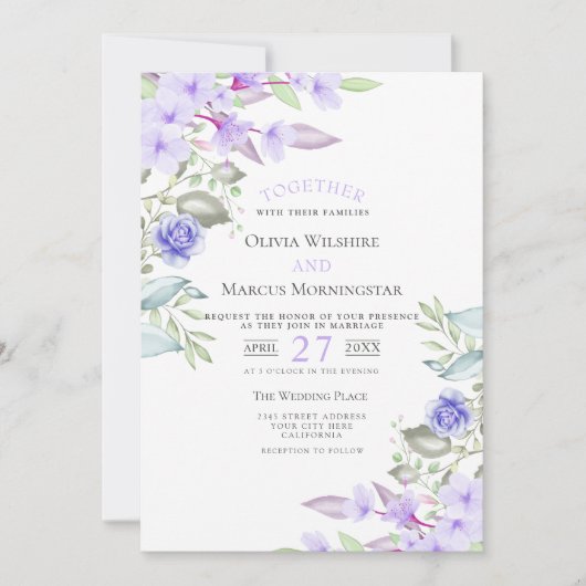 Bruiloft | Lila en roze tuinbloemen Kaart (Voorkant)