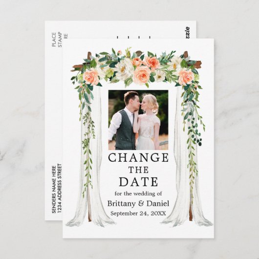 Bruiloft luifel koraal bloesem Verander de datum Briefkaart (Voorkant / Achterkant)