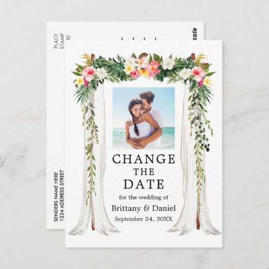Bruiloft luifel tropische bloemen Verander de datu Briefkaart (Voorkant / Achterkant)