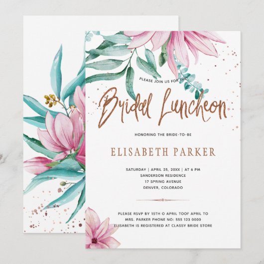 Bruiloft luncheon roze koperen bruidsfeest kaart (Voorkant / Achterkant)