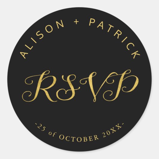 Bruiloft luxe goud zwart elegant rsvp ronde sticker (Voorkant)