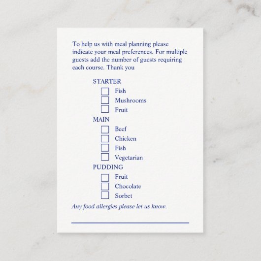 Bruiloft maaltijd keuze blauwe splash behuizing ka informatiekaartje (Achterkant)