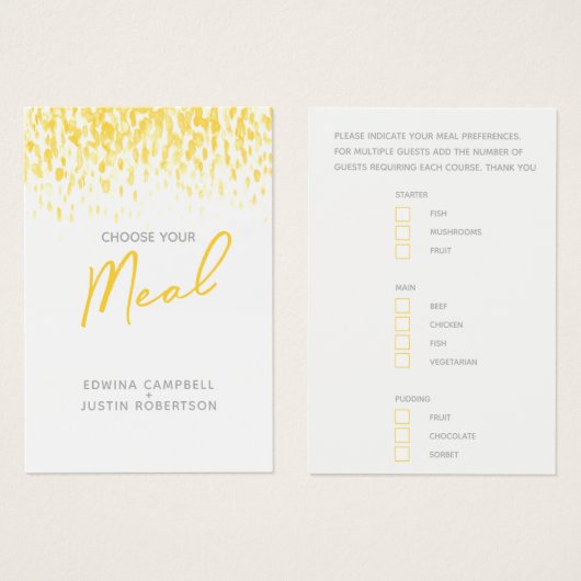 Bruiloft maaltijd keuze geel waterverf antwoord ka visitekaartje (Voorkant /achterkant)