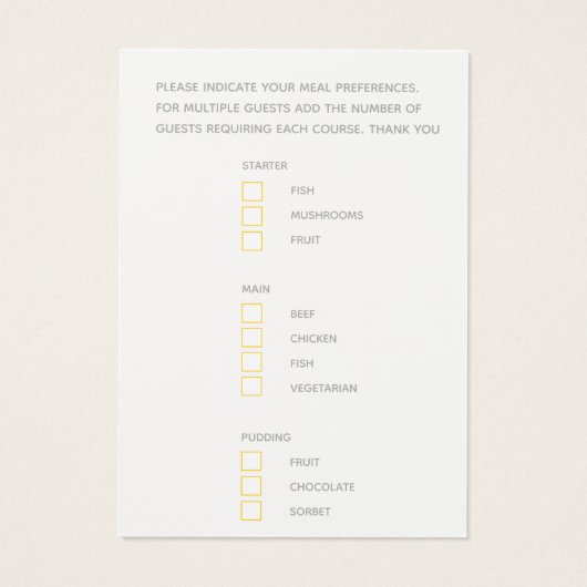 Bruiloft maaltijd keuze geel waterverf antwoord ka visitekaartje (Achterkant)
