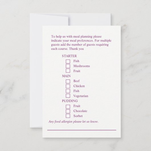 Bruiloft maaltijd keuze paarse bloemen antwoord ka (Achterkant)