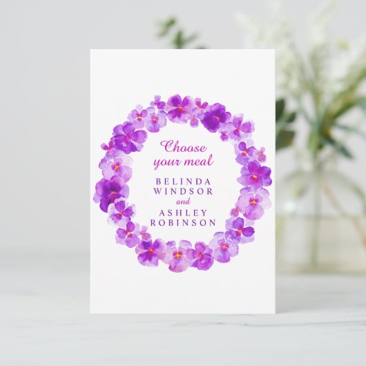 Bruiloft maaltijd keuze paarse pansy bloemen informatiekaartje (Staand voorkant)