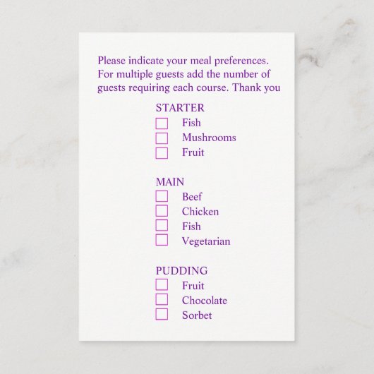 Bruiloft maaltijd keuze paarse pansy bloemen informatiekaartje (Achterkant)