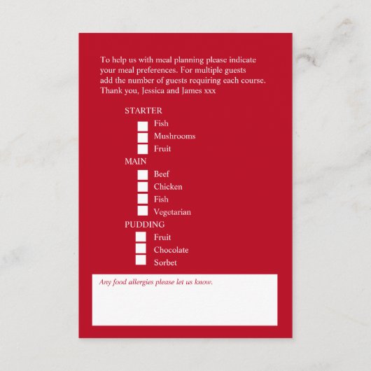 Bruiloft maaltijd keuze rode bordeaux bloemenkaart informatiekaartje (Achterkant)