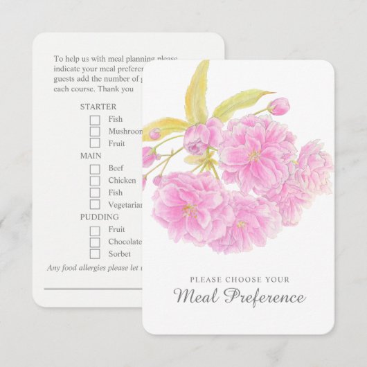 Bruiloft maaltijd keuze roze bloemenantwoord kaart (Voorkant / Achterkant)