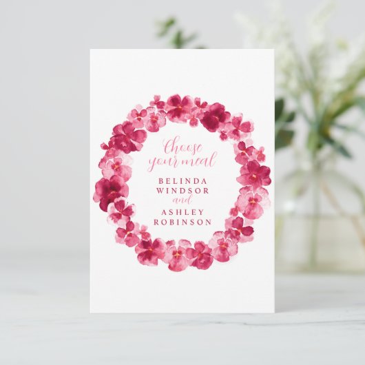Bruiloft maaltijd keuze roze panty bloemen informatiekaartje (Staand voorkant)