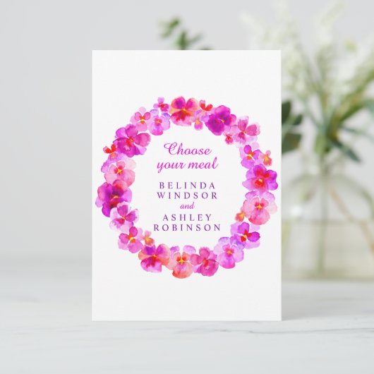 Bruiloft maaltijd keuze roze panty bloemen informatiekaartje (Staand voorkant)