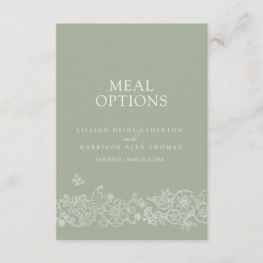 Bruiloft maaltijd opties salie groen wit bloesem informatiekaartje (Voorkant)