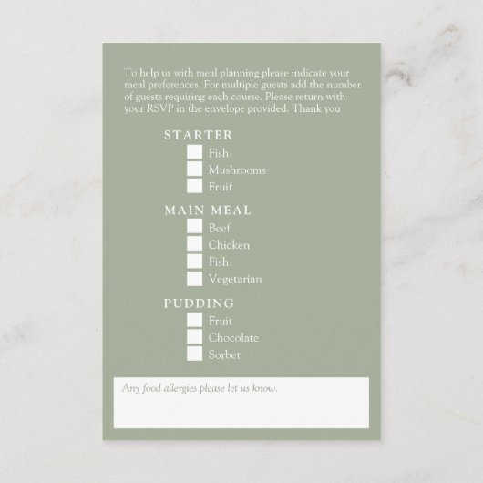 Bruiloft maaltijd opties salie groen wit bloesem informatiekaartje (Achterkant)
