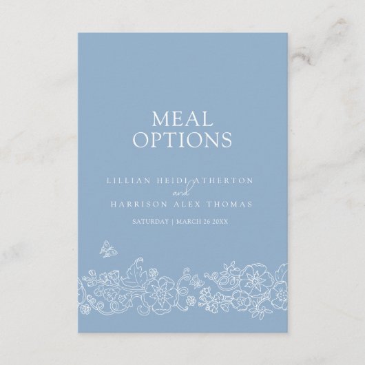 Bruiloft maaltijd opties stoffige blauwe witte blo informatiekaartje (Voorkant)