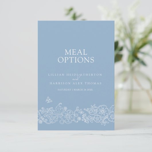 Bruiloft maaltijd opties stoffige blauwe witte blo informatiekaartje (Staand voorkant)