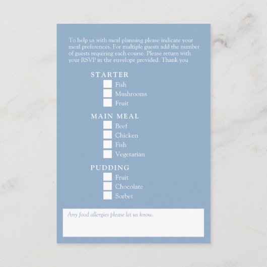 Bruiloft maaltijd opties stoffige blauwe witte blo informatiekaartje (Achterkant)