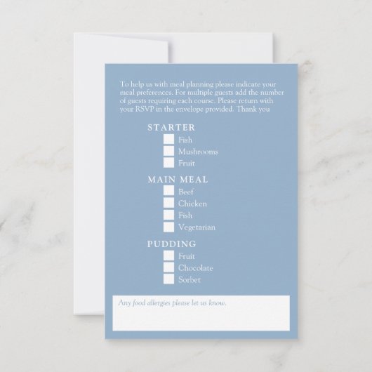 Bruiloft maaltijd opties stoffige blauwe witte blo RSVP kaartje (Achterkant)