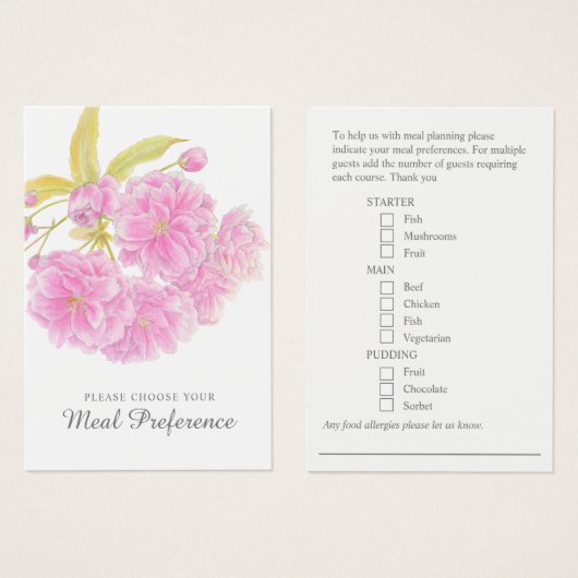 Bruiloft maaltijd voorkeur roze bloemenkaarten visitekaartje (Voorkant /achterkant)