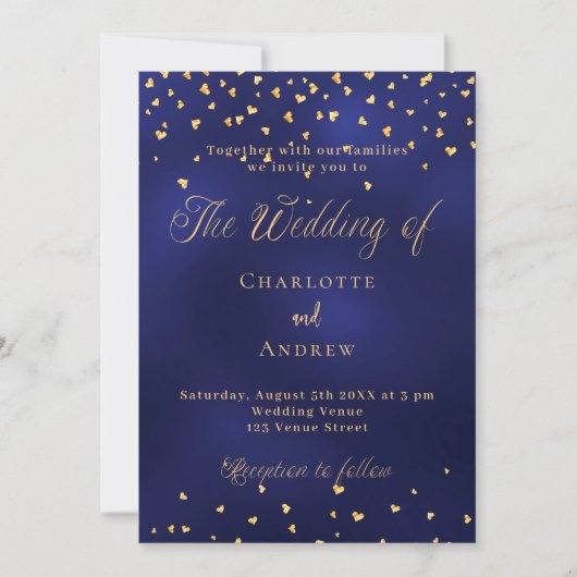 Bruiloft marine blauw gouden harten elegant script kaart (Voorkant)
