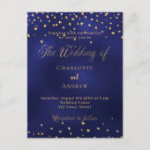 Bruiloft marine blauw gouden harten elegant script uitnodiging briefkaart (Voorkant)