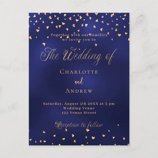 Bruiloft marine blauw gouden harten elegant script uitnodiging briefkaart (Voorkant)