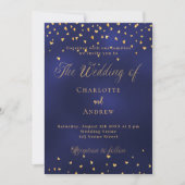 Bruiloft marine blauw gouden harten script luxe kaart (Voorkant)