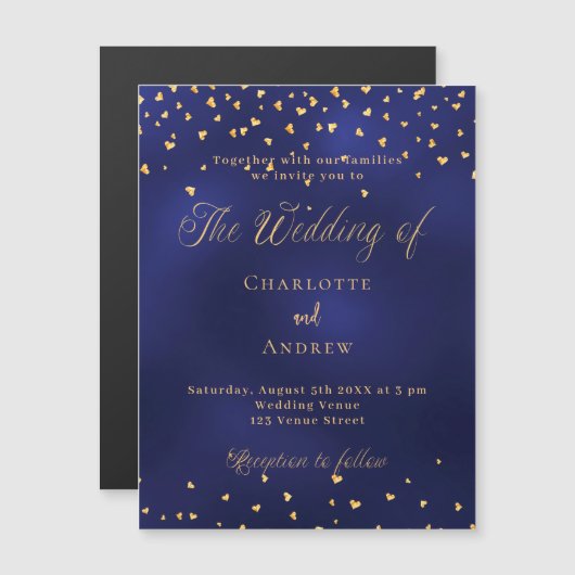 Bruiloft marine blauw gouden harten script luxe magnetische uitnodiging (Voorkant / Achterkant)