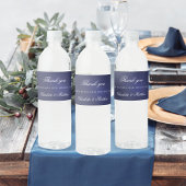 Bruiloft marine blauw wit script dank u waterfles etiket