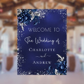 Bruiloft marine blauw zilveren glitter bloemen wel poster