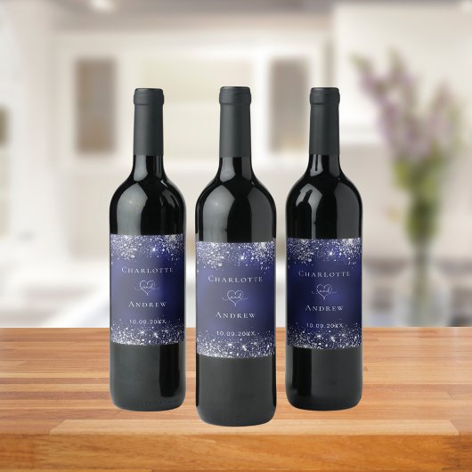 Bruiloft marine blauw zilveren glitter bruid bruid wijn etiket