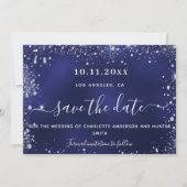 Bruiloft marine blauw zilveren glitter QR code Save The Date (Voorkant)