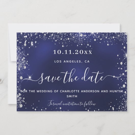 Bruiloft marine blauw zilveren glitter QR code Save The Date (Voorkant)