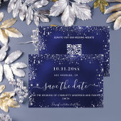 Bruiloft marine blauw zilveren glitter QR code Save The Date