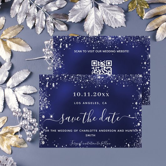 Bruiloft marine blauw zilveren glitter QR code Save The Date