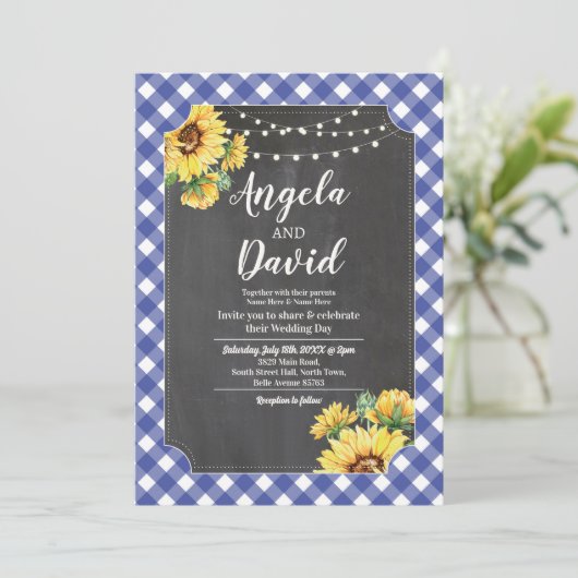 Bruiloft Marine Zonnebloem Gingham Bloemen Lichten Kaart (Staand voorkant)