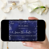 Bruiloft marineblauw zilveren glitter save the date