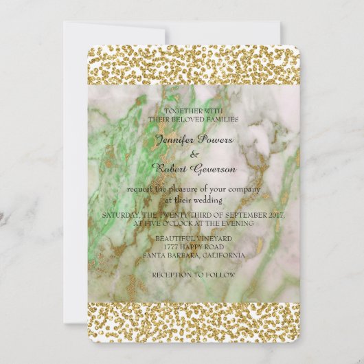 Bruiloft Marmer Mint Groene Gouden Confetti Kaart (Voorkant)