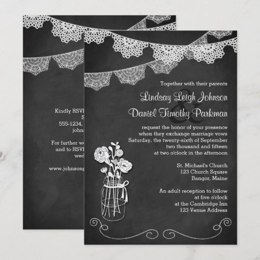 Bruiloft | Mason Jar, Lace Bunting | Krijtbord 2 Kaart (Voorkant / Achterkant)