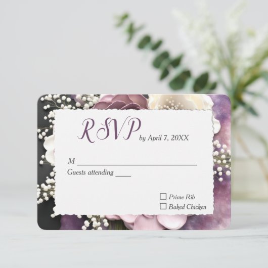 Bruiloft Mauve Roos met Baby's Breath Design RSVP Kaartje (Staand voorkant)