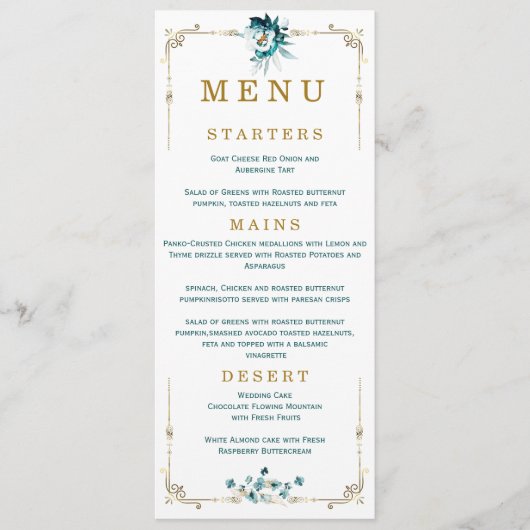 Bruiloft Menu Blauwgroen en gouden Kaarten (Voorkant)