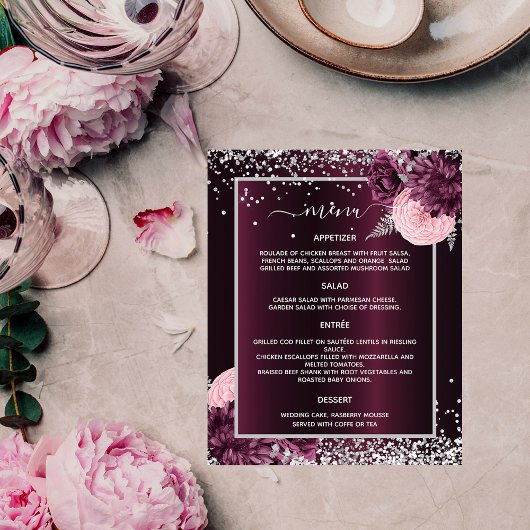 Bruiloft Menu bordeaux zilveren bloemen