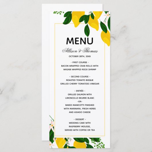 Bruiloft Menu Citroen gele bruiloft uitnodiging (Voorkant / Achterkant)