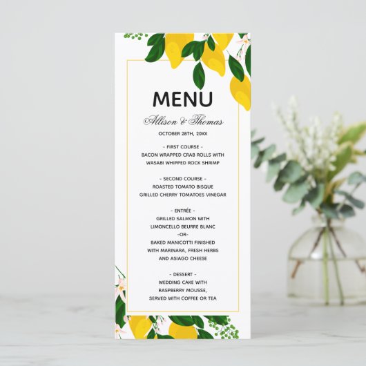 Bruiloft Menu Citroen gele bruiloft uitnodiging (Staand voorkant)