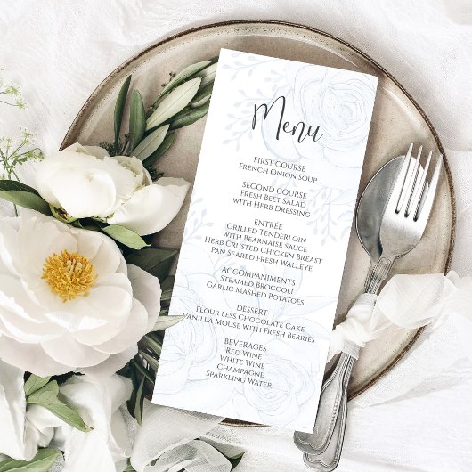 Bruiloft Menu Elegant Script Blauw Bloemen